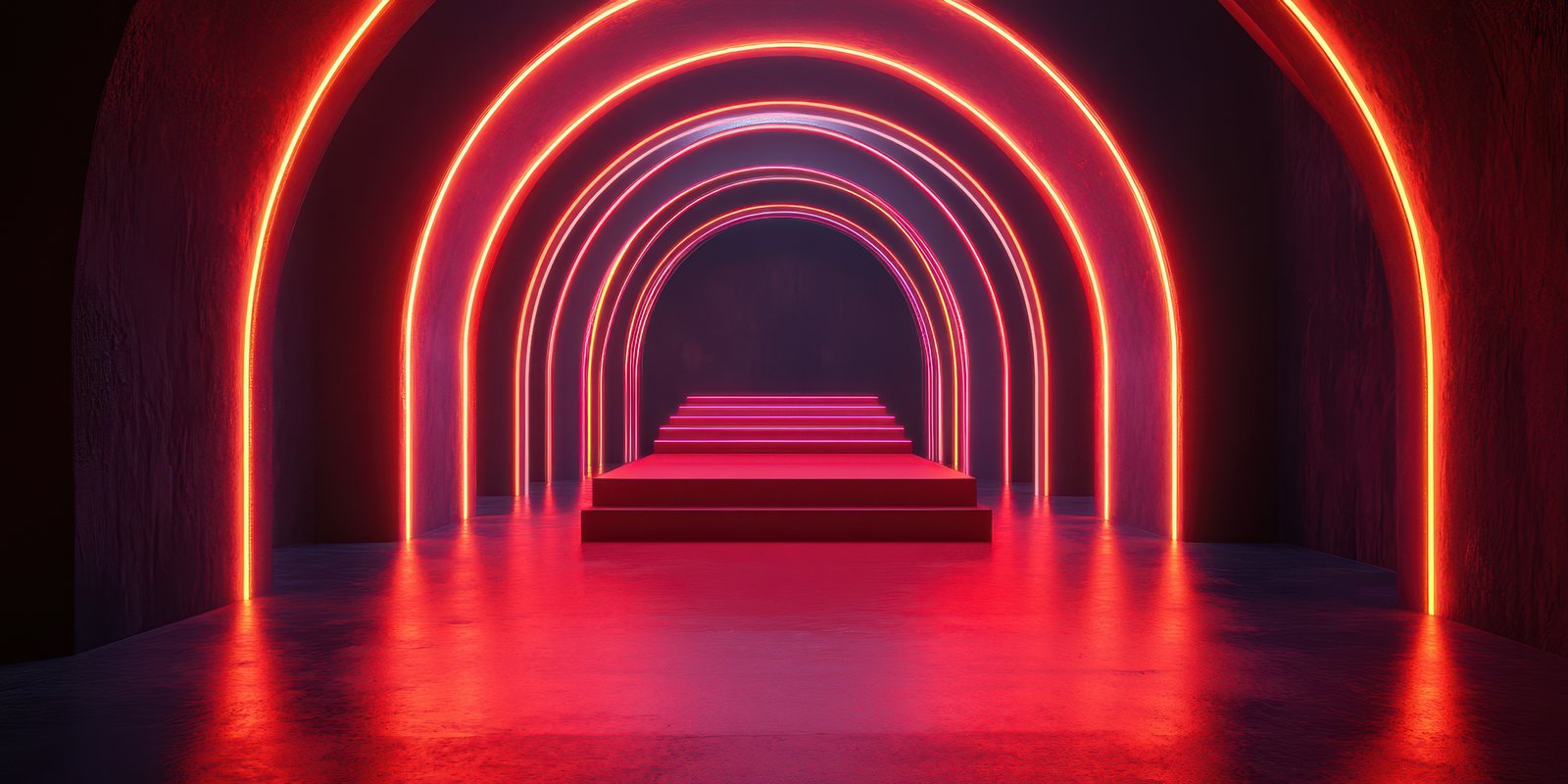 A vivid illuminated space with glowing arches and a raised platform in a dark setting showcasing modern design at night